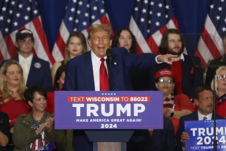 Donald Trump lors d'un meeting à Green Bay, dans le Wisconsin (nord des Etats-Unis), le 2 avril 2024 (Alex Wroblewski)