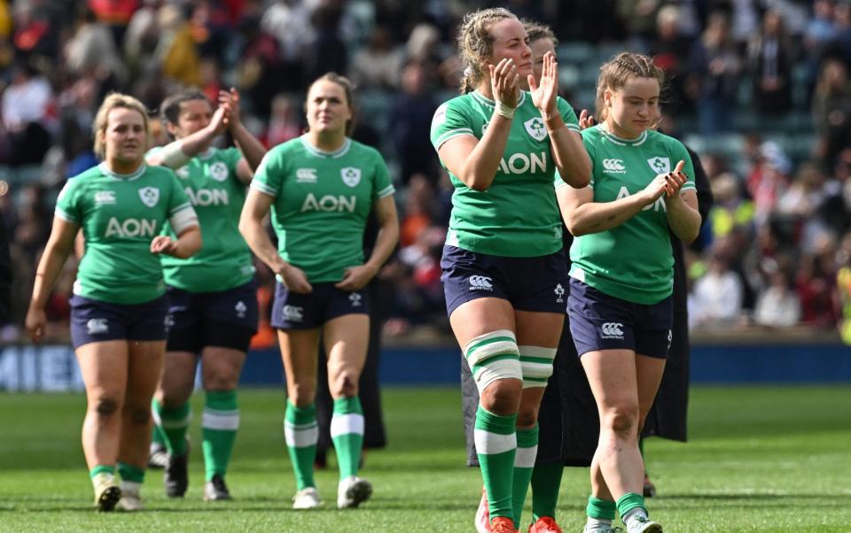 Ireland's players acknowledge fans at the end of the Six Nations international women's rugby union match between England and Ireland at Twickenham