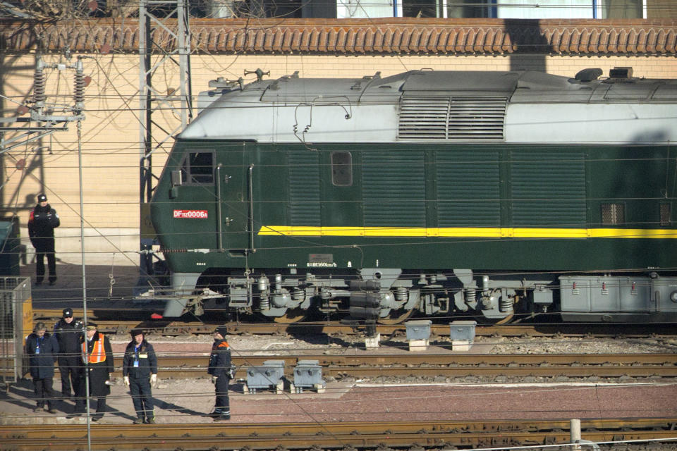 In this Jan. 8, 2019, file photo, a train similar to one seen during previous visits by North Korean leader Kim Jong Un arrives at Beijing Railway Station in Beijing. Kim made a four day trip to China. (AP Photo/Mark Schiefelbein, File)