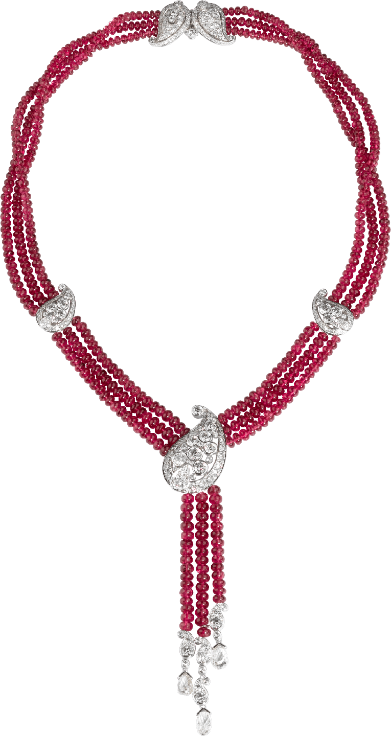<p>This regal polished spinel and diamond high jewellery necklace is truly fit for a queen. </p><p>Platinum, spinel and white diamond necklace, price on request, Cartier</p><p><a class="link " href="https://www.cartier.co.uk/" rel="nofollow noopener" target="_blank" data-ylk="slk:ENQUIRE NOW;elm:context_link;itc:0;sec:content-canvas">ENQUIRE NOW</a></p>