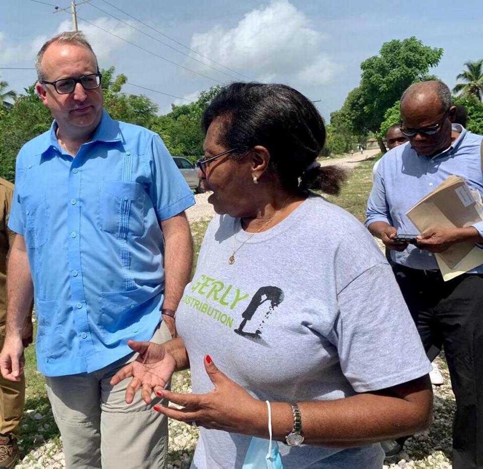 Canada’s ambassador to Haiti, Sébastien Carrière, left, visiting an agricultural project in Les Cayes in southwestern Haiti in December of 2021.