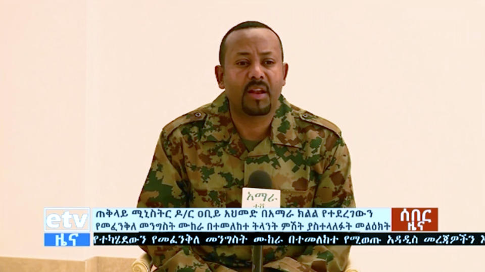 In this image made from video, Ethiopia's Prime Minister Abiy Ahmed announces a failed coup as he addresses the public on television, Sunday, June 23, 2019. The failed coup in the Amhara region was led by a high-ranking military official and others within the country’s military, the prime minister told the state broadcaster. (ETV via AP)