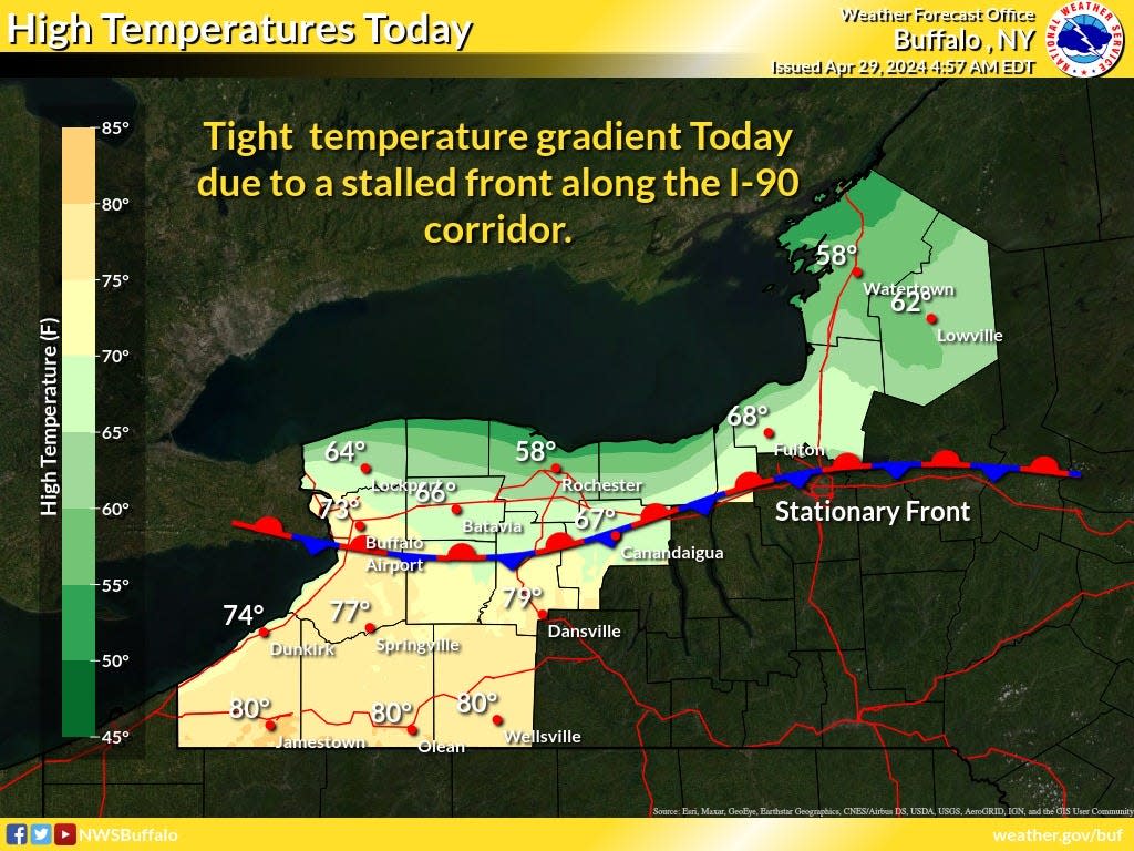 The temperature gradient for Western New York on April 29, 2024