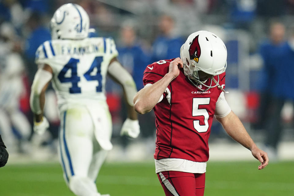 Arizona Cardinals kicker Matt Prater (5) looks down after a missed field goal against the Indianapolis Colts during the second half of an NFL football game, Saturday, Dec. 25, 2021, in Glendale, Ariz. (AP Photo/Ross D. Franklin)