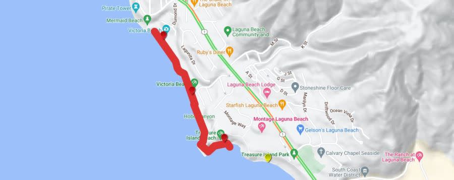 A large sewage spill has prompted the closure of areas from Victoria Beach to Goff Island Beach in Laguna Beach on Dec. 23, 2023. (OC Health Care Agency)