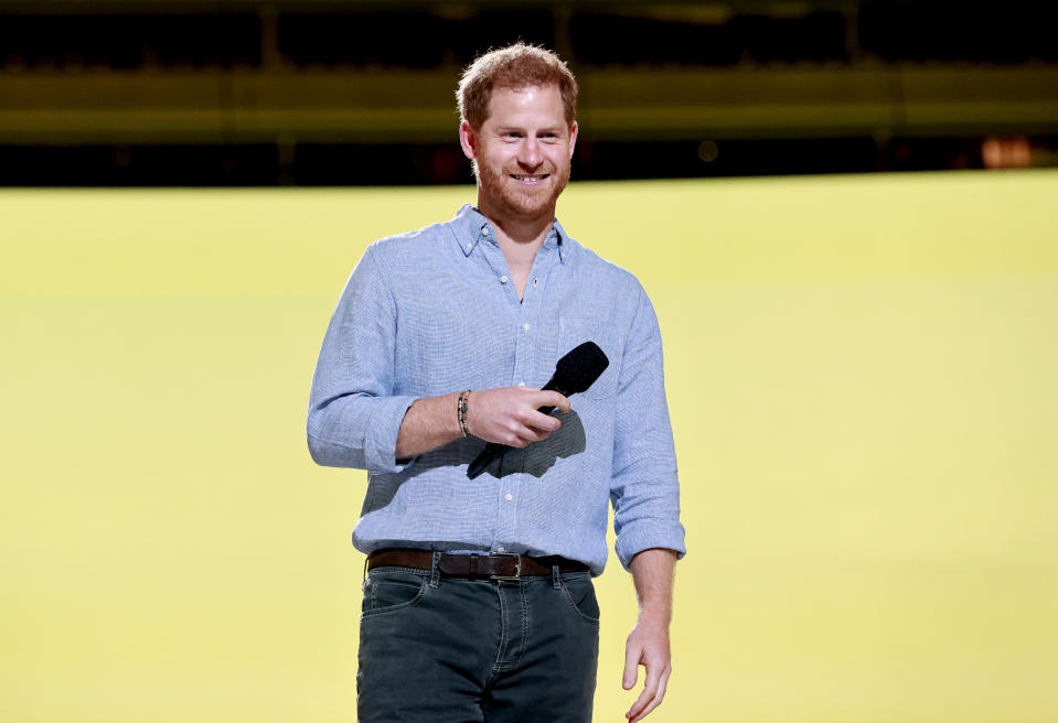 INGLEWOOD, CALIFORNIA: In this image released on May 2, Prince Harry, The Duke of Sussex speaks onstage during Global Citizen VAX LIVE: The Concert To Reunite The World at SoFi Stadium in Inglewood, California. Global Citizen VAX LIVE: The Concert To Reunite The World will be broadcast on May 8, 2021. (Photo by Emma McIntyre/Getty Images for Global Citizen VAX LIVE)