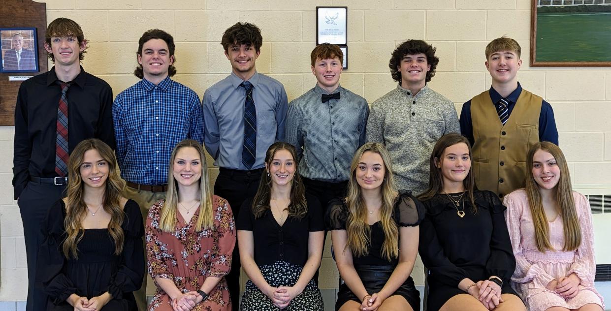 United High School's winter homecoming court included, front row from left, Grace Knight, Emma VonFeldt, Grace Hall, Olivia Grubb, Elaina Kiko and Marin Stryffeler; and, back row from left, Jaric Simmons, Trent Newburn, Hayden Casto, Nevin Hahlen, Parker Newburn and Tyler Wood.