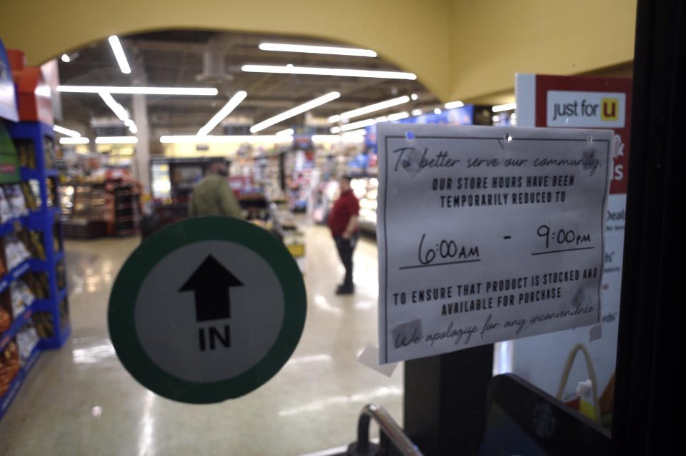 SAN JOSE, CA, USA - MARCH 18: A Safeway store in San Jose posts new shorter store hours to provide a safer work environment ahead of Tuesdayâs directive to shelter in place for residents of the six counties that make up the Bay Area, on March 18, 2020. (Photo by Neal Waters/Anadolu Agency via Getty Images)