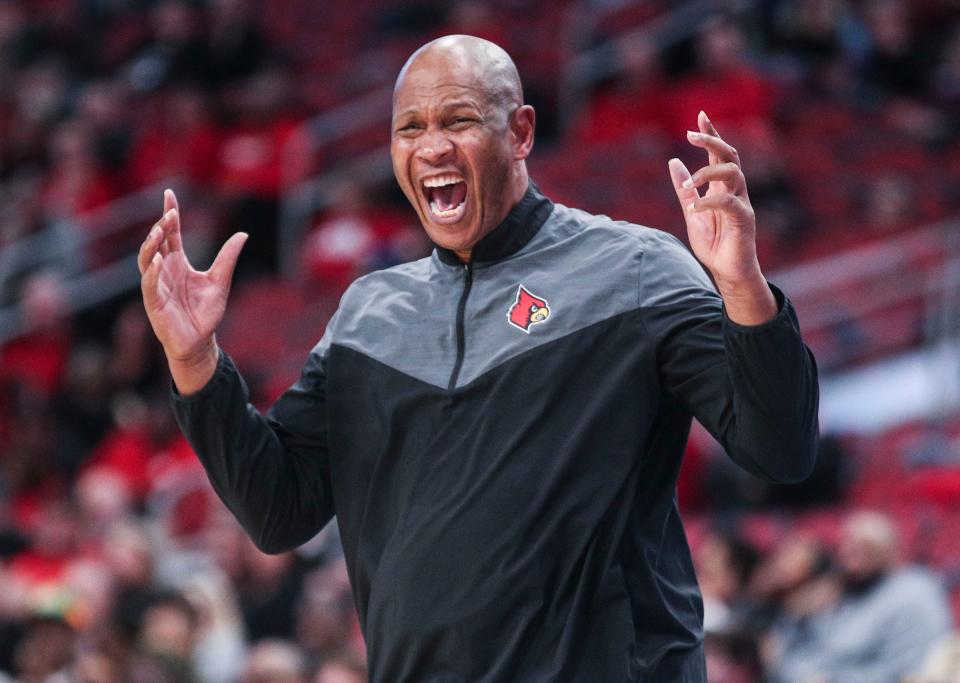 Head coach Kenny Payne reacts to his team in the second half but 2-9 Louisville got the win over Florida A&M 61-55 at the YUM! Center in Downtown Louisville Saturday. Dec. 17, 2022 