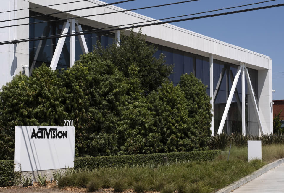 A sign is seen outside the Activision building in Santa Monica, Calif. on Wednesday, June 21, 2023. A federal judge has temporarily blocked Microsoft's planned $69 billion purchase of video game company Activision Blizzard. (AP Photo/Richard Vogel)