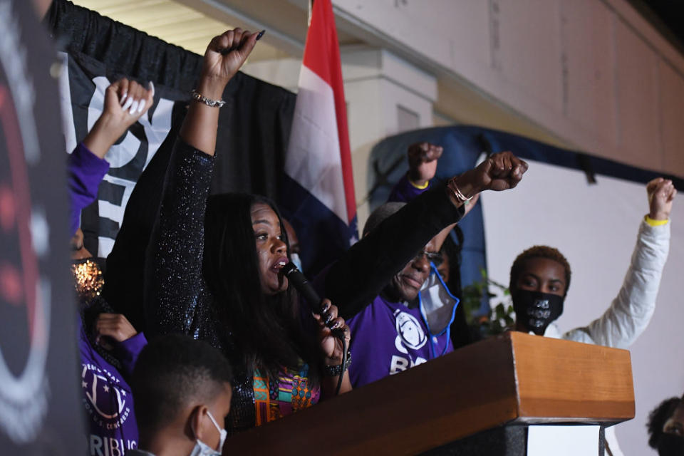 Congresswoman-elect Cori Bush speaks during her election night watch party event on November 3. Source: Getty