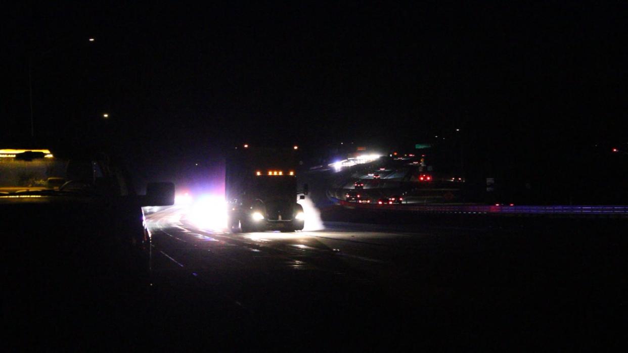A stolen semitrailer passes through Moorpark Wednesday night during a California Highway Patrol pursuit that started in Los Angeles County and looped into Ventura County before concluding hours later in Orange County.