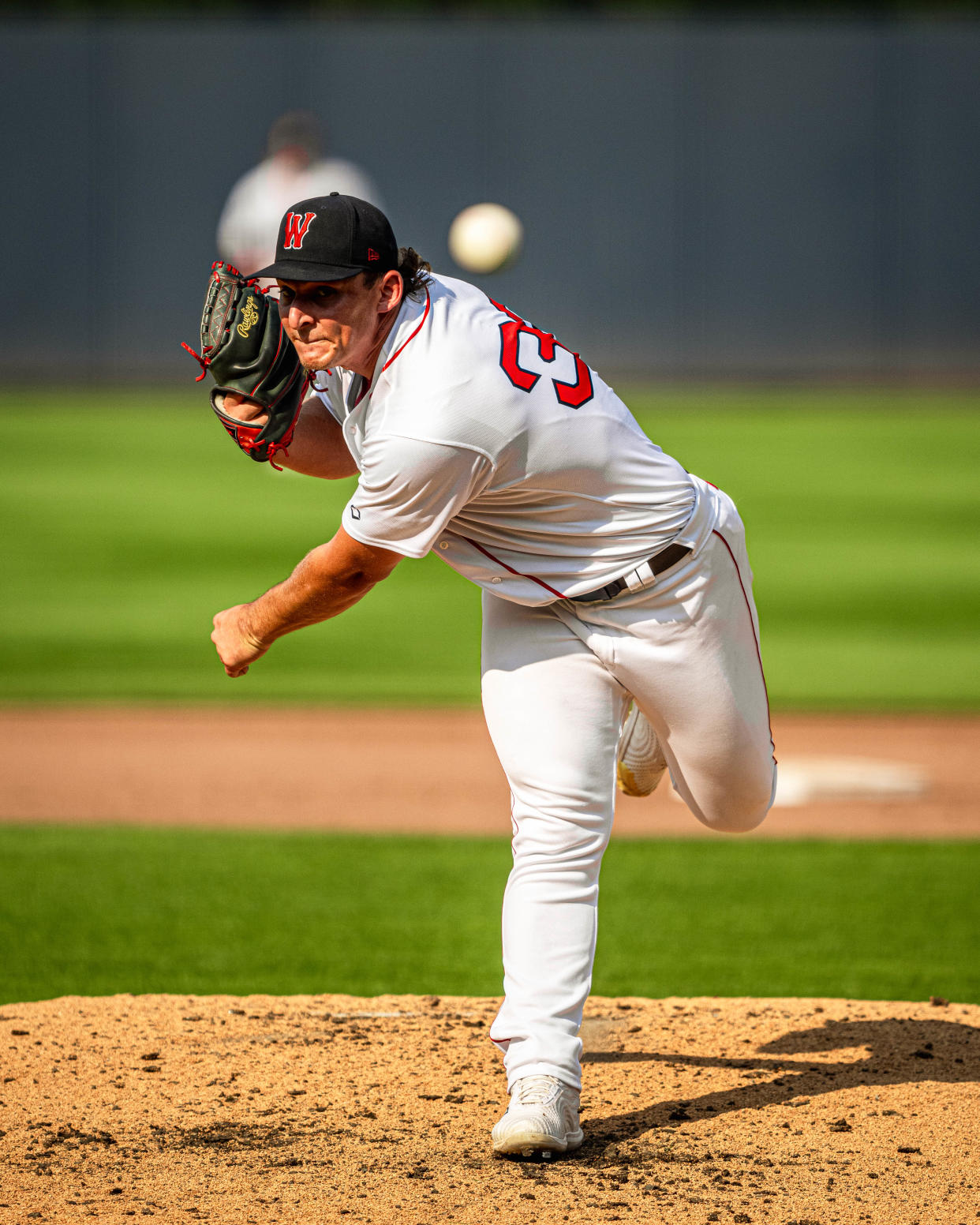 WooSox pitcher Zach Penrod tosses a pitch during a game on Aug. 1, 2024, at Polar Park.