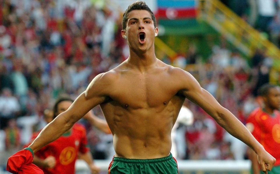 Cristiano Ronaldo celebrates after putting Portugal 1-0 up against the Netherlands in the semi-finals at Euro 2004