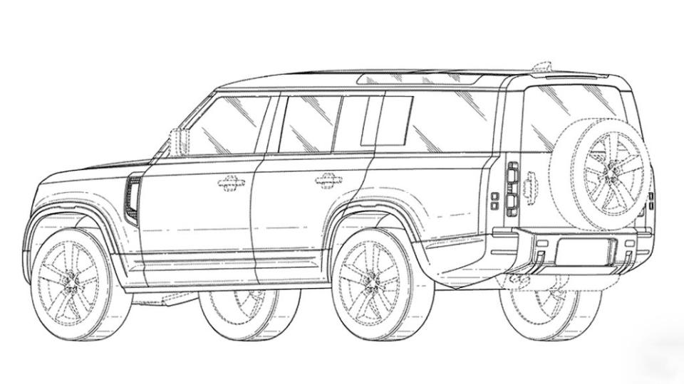 Defender 130車長達5,105mm、軸距3,022mm，大三排座椅最多可容納8人，展露旗艦王者風範。（圖片來源/USPTO）