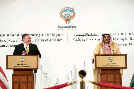 U.S. Secretary of State Mike Pompeo and Kuwait's Foreign Minister Sabah Al-Khalid al-Sabah speak during a news conference in Kuwait City, Kuwait March 20, 2019. REUTERS/Stephanie McGehee