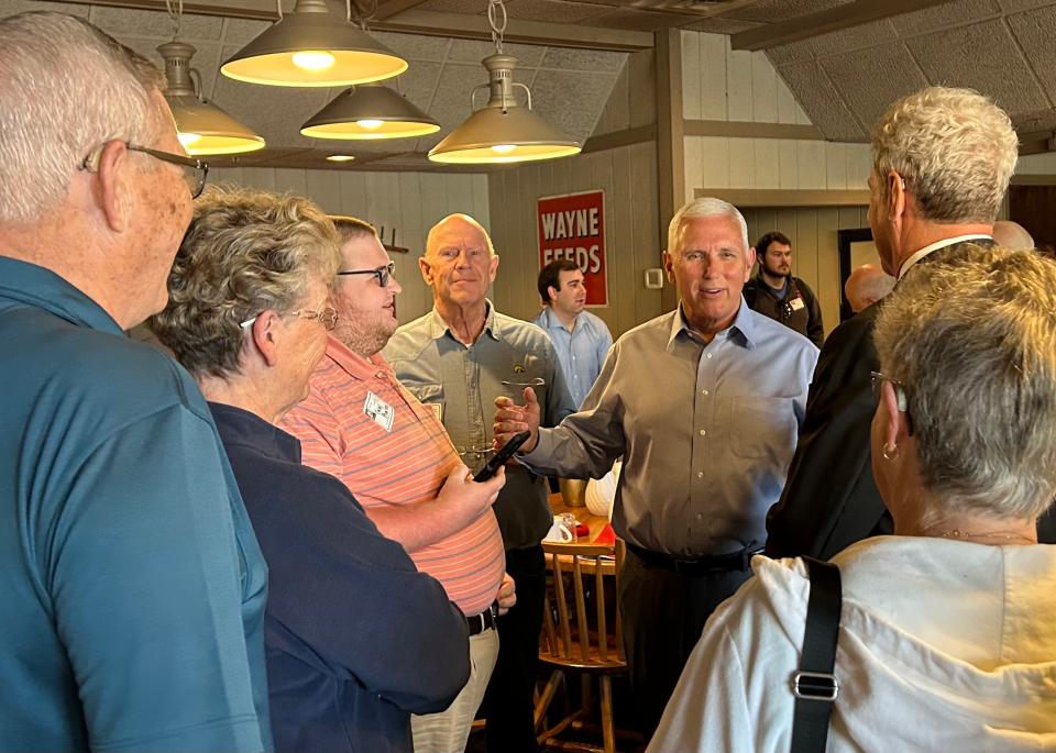 Former Vice President Mike Pence speaks to attendees of the Westside Conservative Club in Clive.