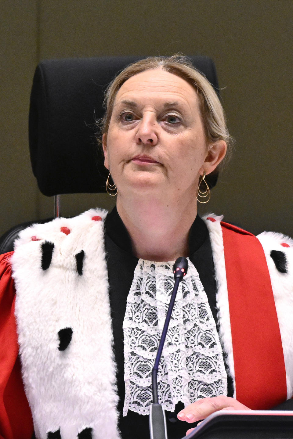 Judge Laurence Massart attends the courtroom prior to the reading of the sentences during the trial regarding the attacks at a Brussels metro station and the city's airport at the Justitia building in Brussels, Friday, Sept. 15, 2023. The morning rush hour attacks at Belgium's main airport and on the central commuter line took place on March 22, 2016, which killed 32 people, and nearly 900 others were wounded or suffered mental trauma. (John Thys, Pool Photo via AP)