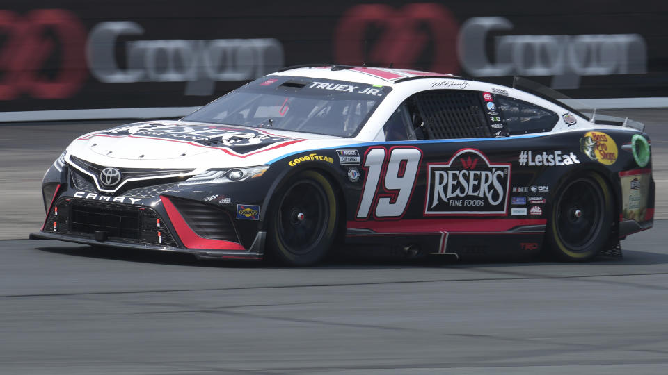 Martin Truex Jr., steers his car out of Turn 4 during the Crayon 301 NASCAR Cup Series race Monday, July 17, 2023, at New Hampshire Motor Speedway, in Loudon, N.H. (AP Photo/Steven Senne)