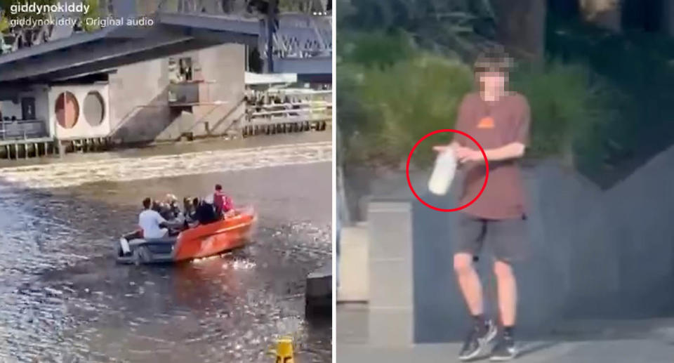 Left: Orange boat on Yarra River Melbourne full of people Right: Young teen walking holding bottle of milk (right)