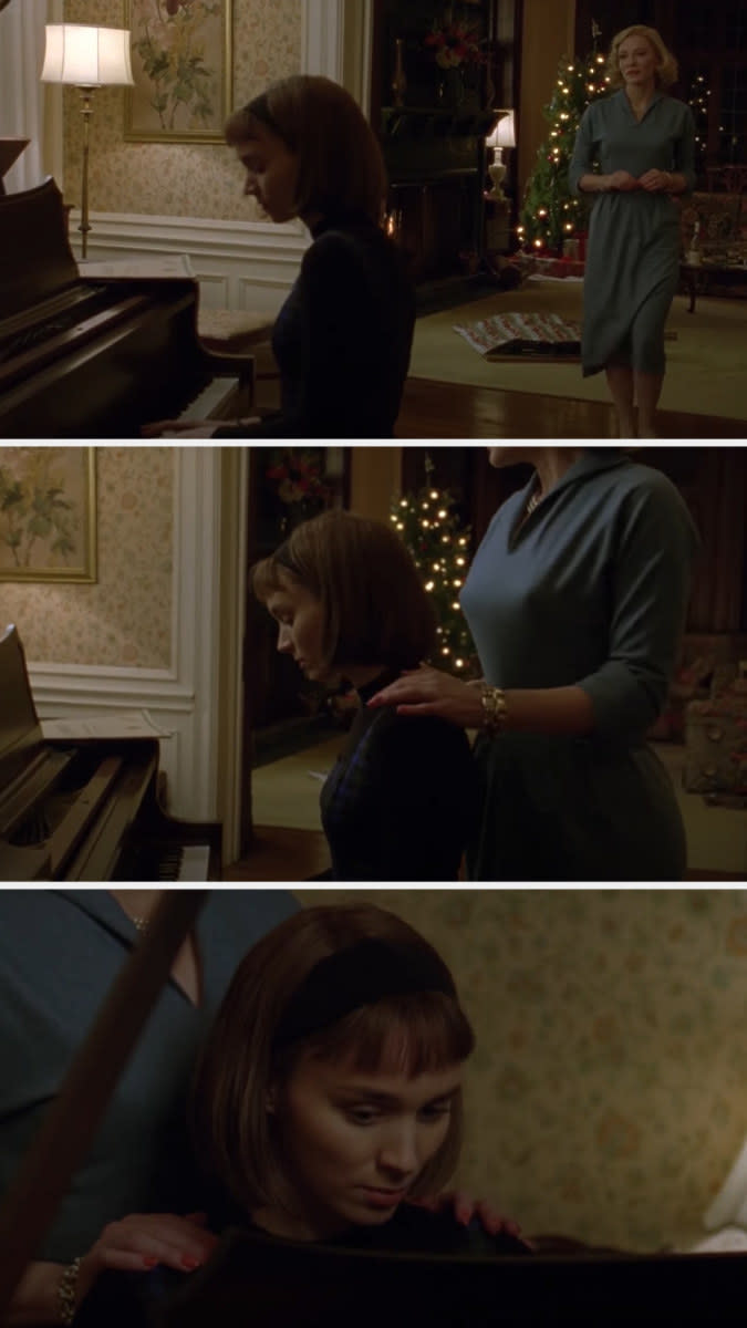 screencaps from Carol of Carol placing her hands on Therese's shoulders