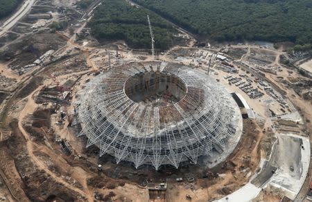 FILE PHOTO: An aerial view shows Samara Arena, the stadium under construction which will host matches of the 2018 FIFA World Cup in Samara, Russia August 24, 2017. REUTERS/Maxim Shemetov