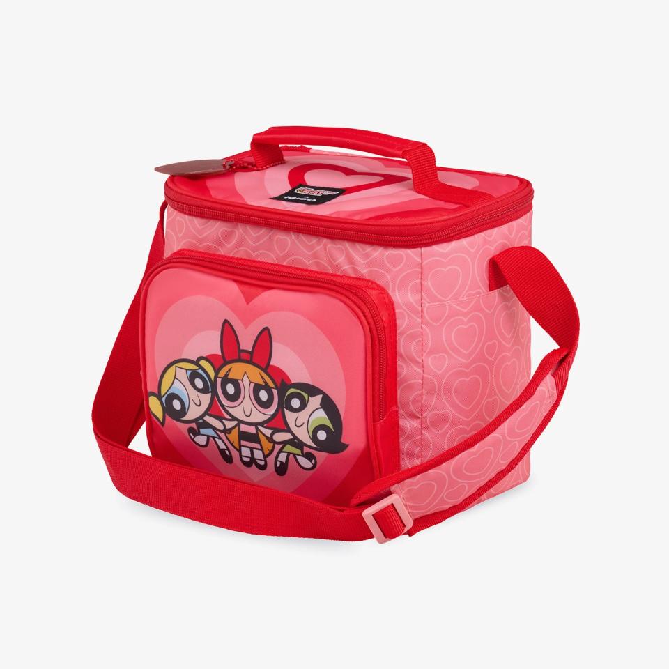 pink and red lunch box with powerpuff girls graphic