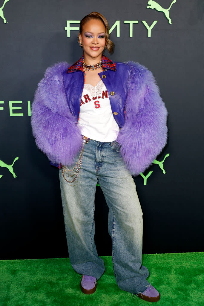 Rihanna Combines Purple Faux Fur With Chanel Leather Jacket for Fenty x