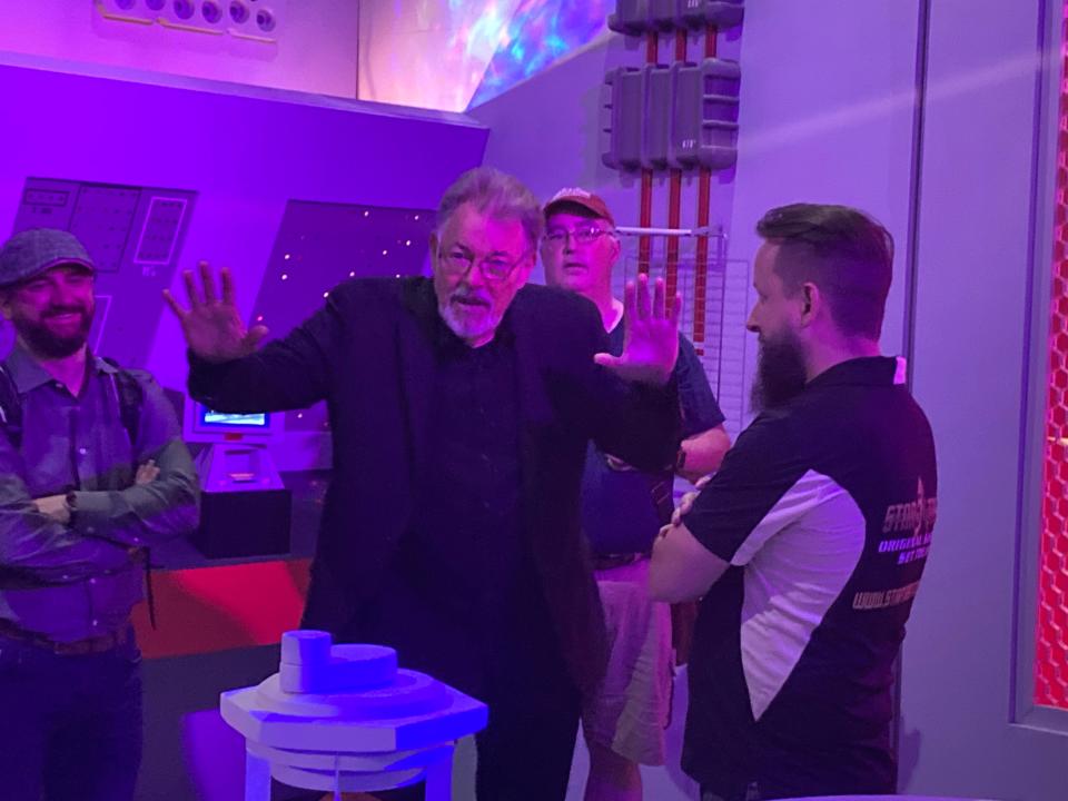 "Star Trek: The Next Generation" actor Jonathan Frakes re-enacts a scene from the show for fans May 18, 2024 at the "Trekonderoga" gathering at the "Star Trek" Original Series Set Tour site in Ticonderoga, New York.