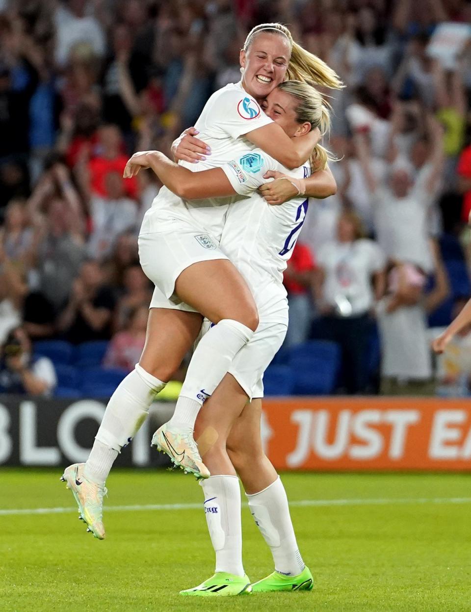 England’s Alessia Russo (right) celebrates scoring her side’s seventh goal with team-mate Beth Mead (Gareth Fuller/PA) (PA Wire)