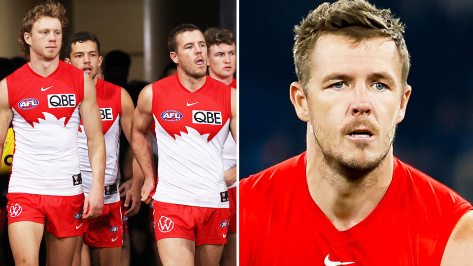 Callum Mills and Luke Parker in action for the Sydney Swans.