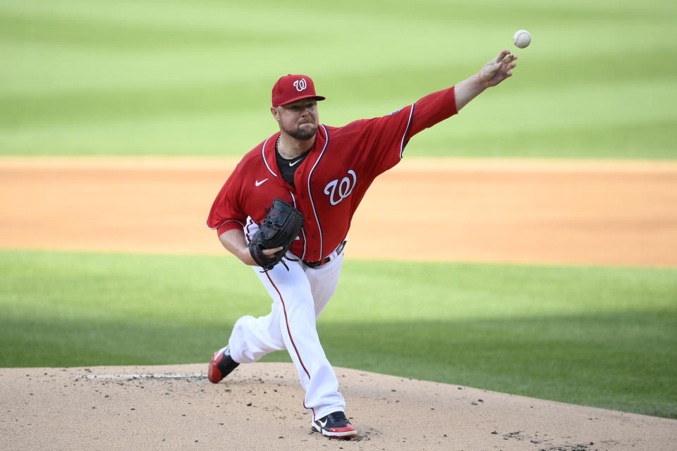 Washington Nationals starting pitcher Jon Lester delivers a pitch during the first inning of the second baseball game of the team's doubleheader against the New York Mets, Saturday, June 19, 2021, in Washington. (AP Photo/Nick Wass)