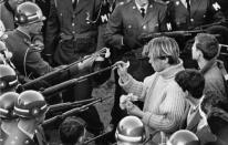 <p>During a protest in Washington DC against the Vietnam War, activists pushed carnations into the barrels of soldiers’ guns. Their ‘slower power’ resistance symbolised the movement’s non-violent aims. </p>