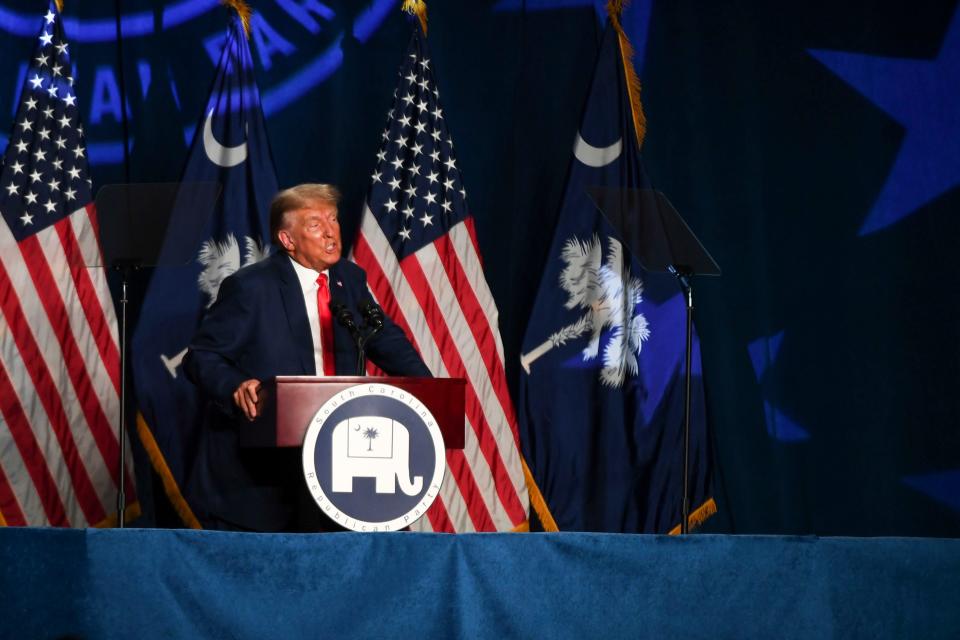 Former president Donald Trump speaks during the 56th annual Silver Elephant Gala, where he is the keynote speaker, at the South Carolina State Fairgrounds in Columbia, S.C., on Saturday, Aug. 5, 2023.