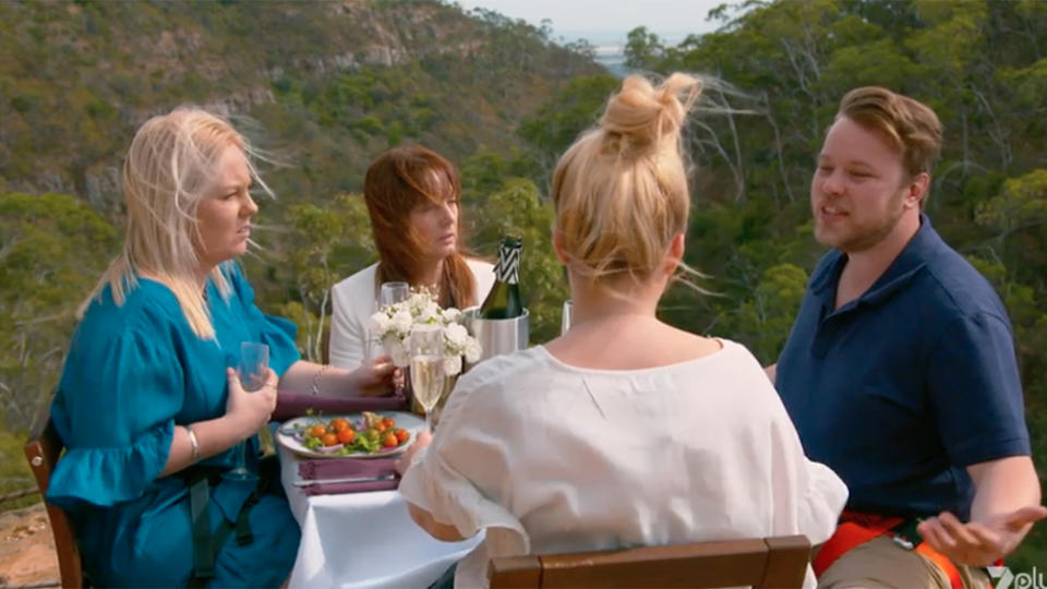 Dee, Donna, Denton and Danni share breakfast on a cliff's edge on Bride and Prejudice