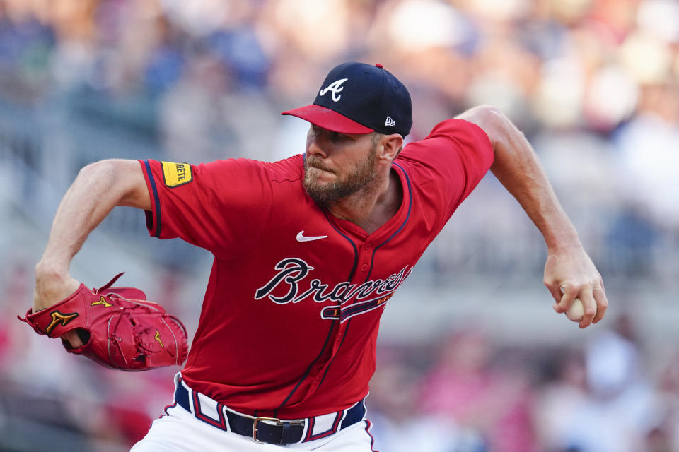 Atlanta Braves starting pitcher Chris Sale works against the Tampa Bay Rays in the first inning of a baseball game Friday, June 14, 2024, in Atlanta. (AP Photo/John Bazemore)