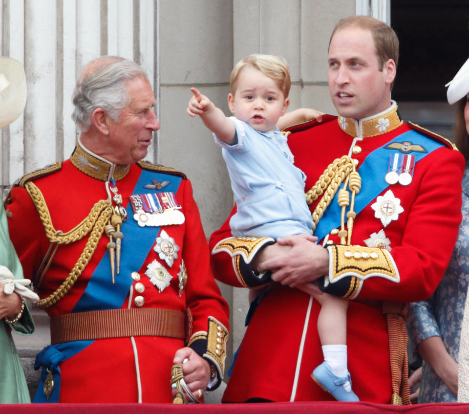 <p>Prince Charles was taken with his grandson's fascination at the 2015 Trooping the Colour. (Max Mumby/Indigo/Getty Images)</p> 