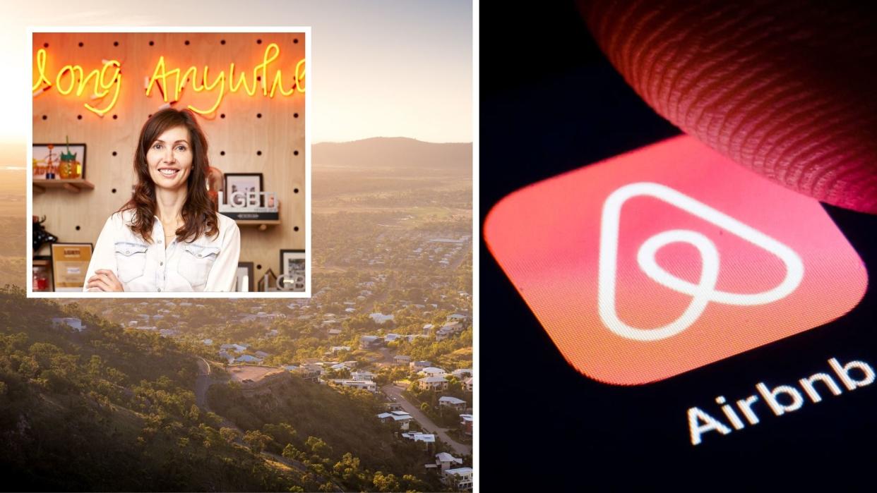 Airbnb Australia country manager Susan Wheeldon, Australian houses aerial view, Airbnb logo on phone. Images: Getty, Airbnb.