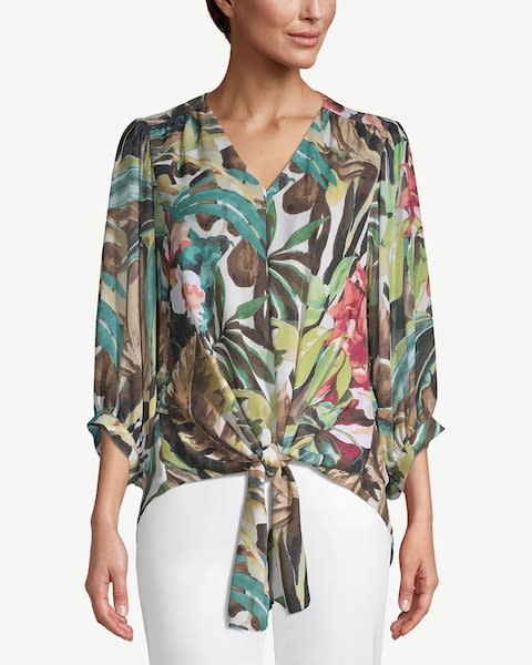 Tie-Front Tropical-Print Crepe Blouse