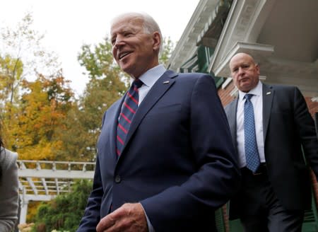 Democratic 2020 U.S. presidential candidate and former Vice President Joe Biden leaves a campaign town hall meeting in Rochester