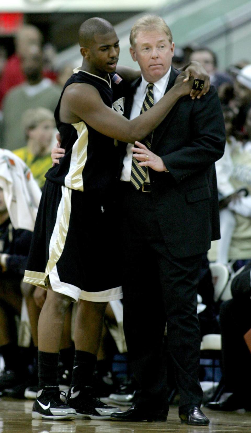 In 2005, Wake Forest point guard Chris Paul (left) embraced Wake’s head basketball coach, Skip Prosser. Prosser died suddenly in 2007, at age 56. Paul said Prosser’s motto of “Never delay gratitude” has stuck with him ever since.
