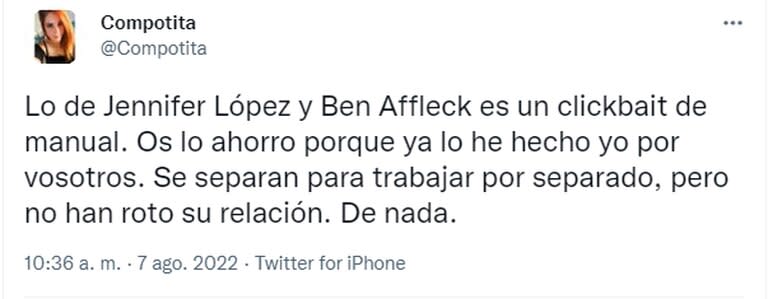 "Clickbait": la reacción de los usuarios ante la supuesta separación de Ben Affleck y Jennifer Lopez (Foto: Captura de Twitter)