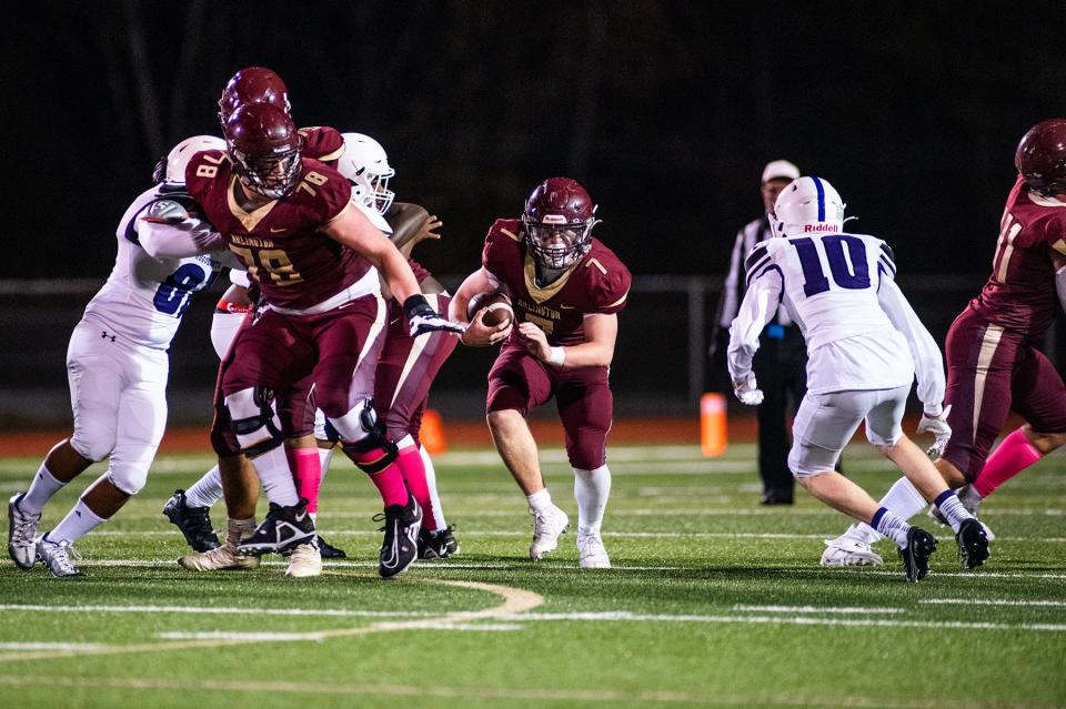 Arlington's Aidan Chaffee drives down field during the Section 1 class AA quarterfinal football game at Arlington High School in Freedom Plains, NY on Friday, October 28, 2022. Arlington defeated New Rochelle. KELLY MARSH/FOR THE POUGHKEEPSIE JOURNAL