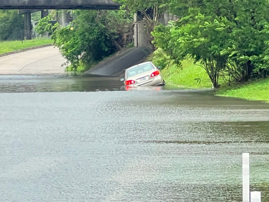 Street flooding at the Interstate 610 overpass at Gentilly Boulevard in New Orleans on Wednesday, April 10, 2024. (WGNO/Ashley Hamilton)