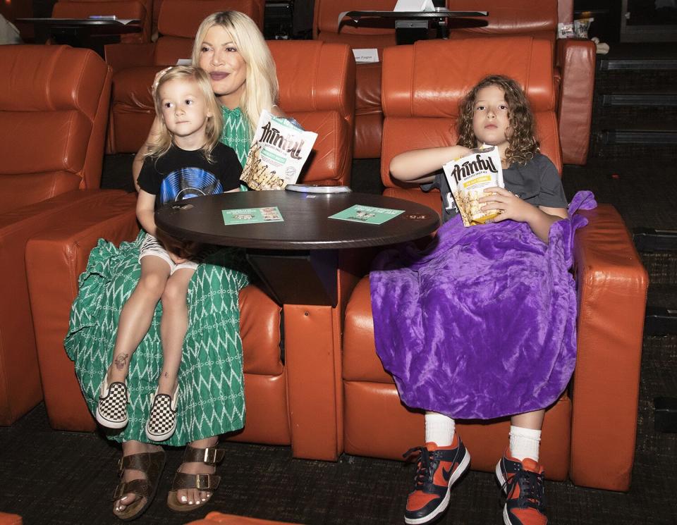 Tori Spelling and two kids Beau and Finn spent Saturday afternoon snacking on Thinful Guiltess Snack Mix at IPIC watching Space Jam: A New Legacy.