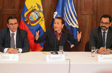 Ecuador's Foreign Minister Maria Fernanda Espinosa gestures while addressing the media next to Vice Ministers Rolando Suarez (L) and Jose Luis Jacome in Quito, Ecuador January 11, 2018. REUTERS/Daniel Tapia