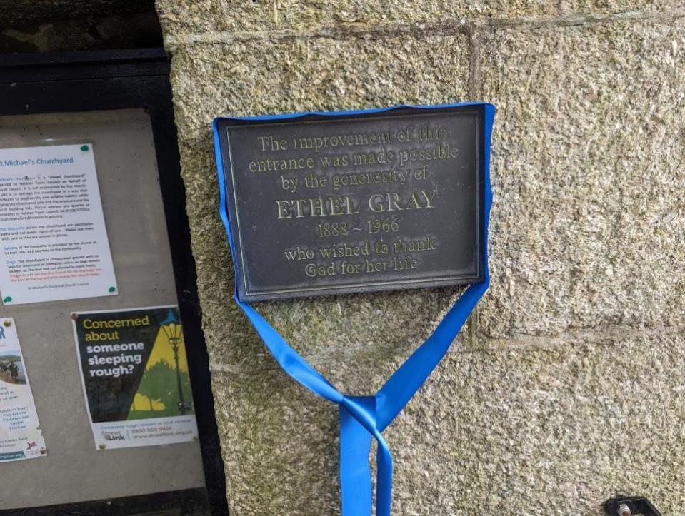 Falmouth Packet: A plaque to honour Ethel's life is placed at the entrance of the church 