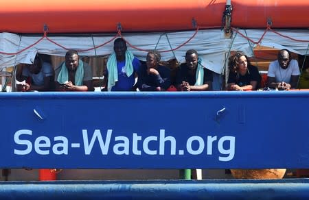 The migrant search and rescue ship Sea-Watch 3 carrying stranded migrants, sails near the island of Lampedusa