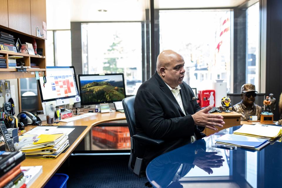 Michigan athletic director Warde Manuel talks during an interview with the Free Press Michigan beat writer Tony Garcia at U-M's Weidenbach Hall in Ann Arbor on Monday, April 22, 2024.