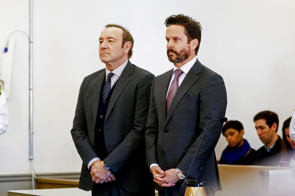 NANTUCKET, MA - JANUARY 07:  Actor Kevin Spacey with his lawyer Alan Jackson during his arraignment for sexual assault charges at Nantucket District Court on January 7, 2019 in Nantucket, Massachusetts.  (Photo by Nicole Harnishfeger-Pool/Getty Images) *** Local Caption *** Kevin Spacey; Alan Jackson